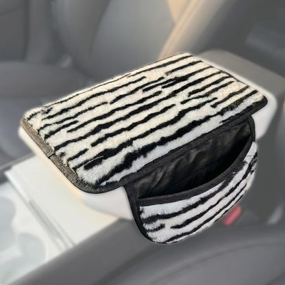 Plush Animal Print Car Center Console Cover with Side Pockets, Fluffy Armrest Cushion Pad.,Soft Car Interior Accessories with Storage for Women. Universal Fit for Vehicles SUV Truck (Zebra Print) - Image 9