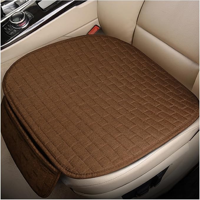 Car Seat Cover for Front Seats, Comfortable Linen Seats Cushion Pad Mat with Storage Pockets, Anti-Slip Breathable Bottom Front Seat Cover Protector for SUV Truck Van (Brown) by Unknown
