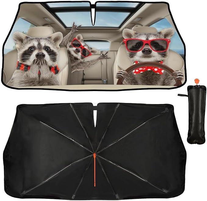 CHILL·TEK Print Raccoon Windshield Sun Shade Funny Raccoon Sun Shade for Car Front Window Block UV Rays Foldable Umbrella Windshield Sun Visor Protector Keep Vehicle Cool for Most Vehicles - Image 2