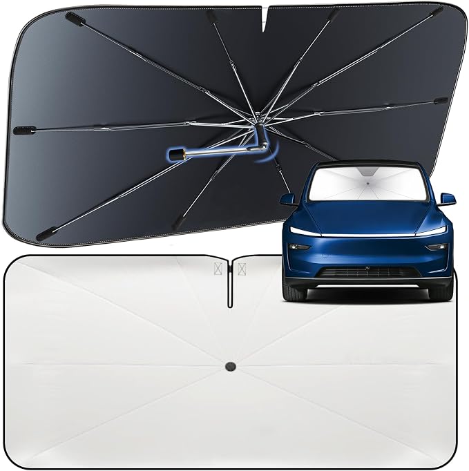 Windshield Sun Shade Umbrella for Tesla Model Y 2020-2026 Front Window | Heat-Reflective Window Shade, Umbrella Sunshade Cover Blocks Heat, Protects Interior, Vehicle-Specific Precision Fit by Fshaanys