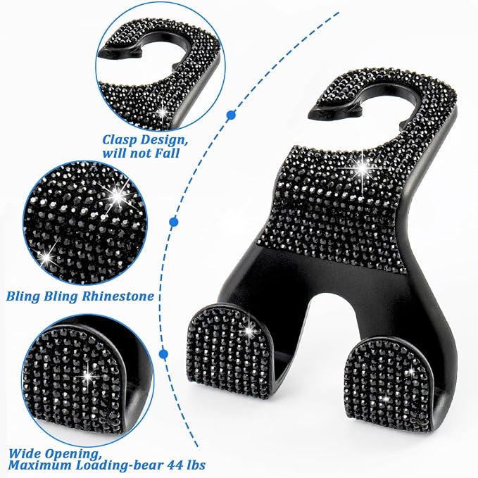 Bling Car Purse Hooks 2Pcs, Rhinestones Car Headrest Hook Backseat | Double Hooks,Holds 44Lbs,Wide Opening,Durable Nylon,Car Seat Hook,Purse Holder,Bling Car Accessories for Women,Black - Image 6
