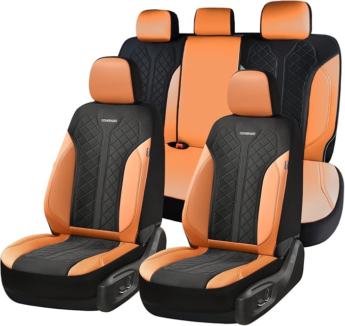 Coverado Car Seat Covers Full Set, Waterproof Seat Covers, 5-Piece Brown Automotive Seat Covers, PU Leather & Breathable Mesh Seat Protectors, Universal Fit for SUVs, Trucks, Sedans by COVERADOAUTO