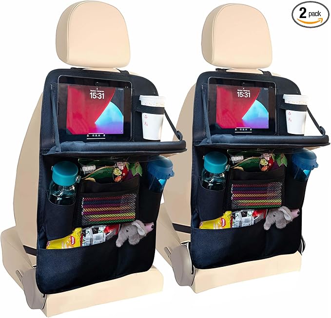 Backseat Car Organizer with Tray, 9 Storage Pockets Back Seat Protector with Foldable Tablet Holder, Waterproof Back of Seat Kick Mats for Kids Adult, Road Trip Essentials Travel 2 Pack, Black by HaoxiangAuto