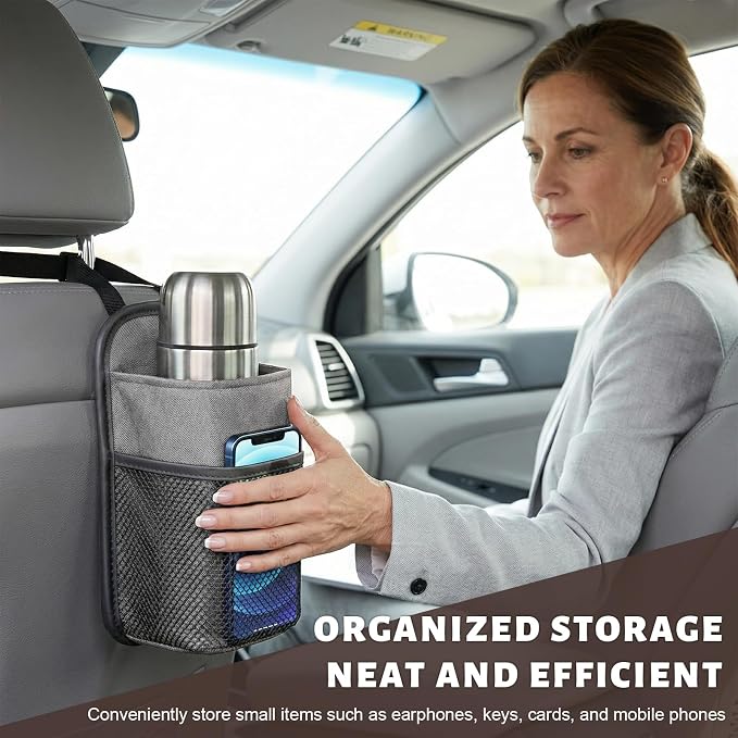 2 in 1 Large Car Cup Holder, 80 oz Multi-Function Auto Water Bottle Storage Bag with Mesh Pocket, Universal Hanging Seat Side Organizer Cup Holders for Car SUV Truck (Gray) - Image 4