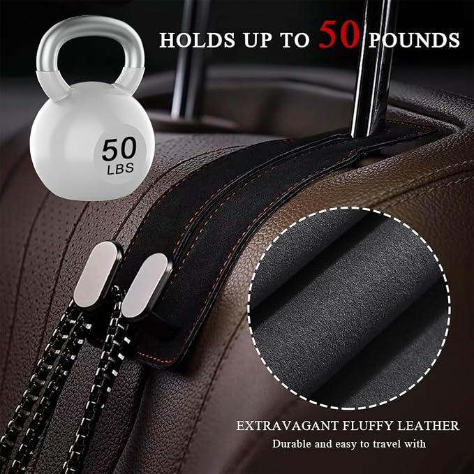 2 PCS Car Seat Headrest Hook, Back Seat Hanger with Double Flexible Leather Hooks, Soft Leather Double Headrest Metal Hooks Purse Handbag Organizer, Car Accessories (Black) - Image 5