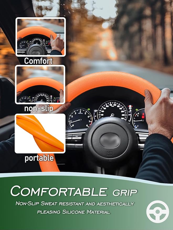 LRITER Car Steering Wheel Cover, Non-Slip Silicone Material, Orange | Multiple Color Choices, Universal Auto Parts Steering Wheel Cover, Suitable for Most Cars - Image 2