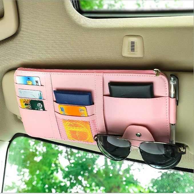 Pink Car Sun Visor Organizer, Car Interior Storage Accessory for Women | Visor accessories multi-slot design stores docs, cards & sunglasses, slim fits all vehicles without obstructing sight by SEMBEM