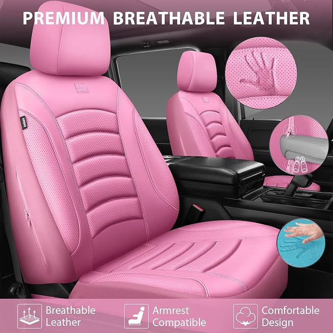 CAR PASS 3D Foam PU Leather Car Seat Covers, Universal Seat Covers Full Sets for Trucks SUV Sedan Automotive Seat Covers Armrest Airbag Compatible Waterproof Comfortable Faux Nappa Leather All Pink - Image 4