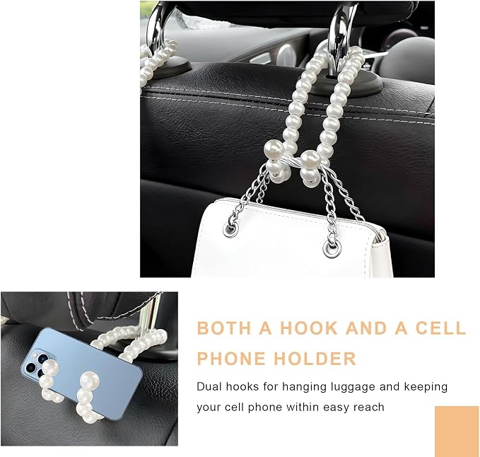 Elegant Pearl Car Seat Headrest Hook, Cute Pearl Car Seat Back Hook Storage Organizer, Exquisite Headrest Hanger Purse Holder Interior Decoration for Women Girls - Image 5