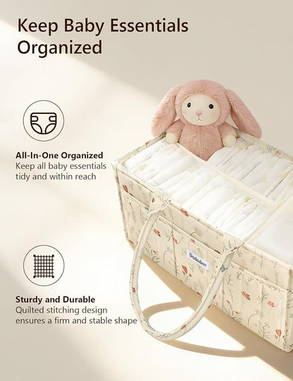Quilted Floral Diaper Caddy Organizer, Nursery Storage Basket with Dividers | Waterproof Caddy with Sturdy Handles, Portable for Changing Table or Car, Newborn Essentials, Baby Shower Gifts - Image 2