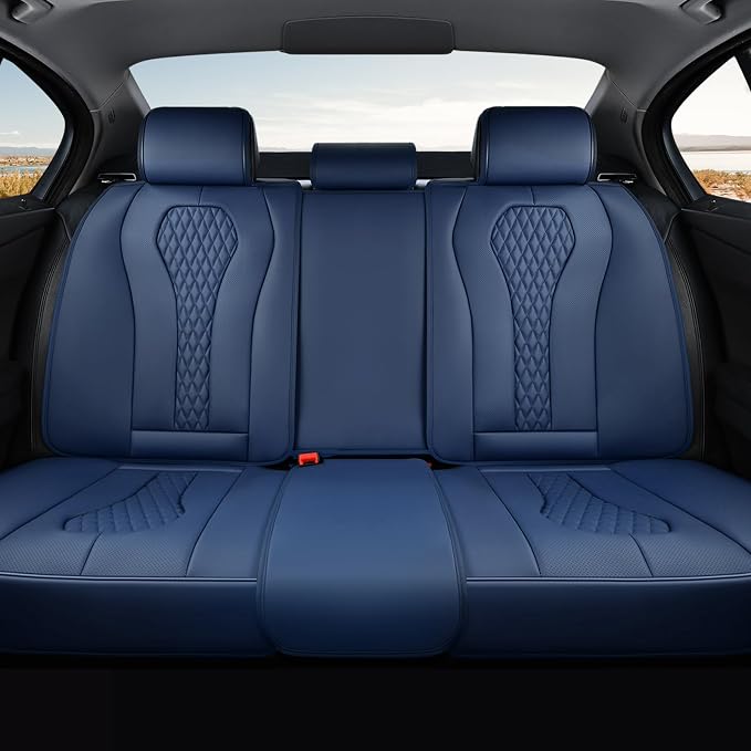 Coverado Car Seat Covers, Rear Car Seat Cover, Blue Leather Seat Cover, 3-Pieces Car Seat Cushion, Luxury Seat Cover Seat Protector Universal Fit Most Cars by COVERADOAUTO