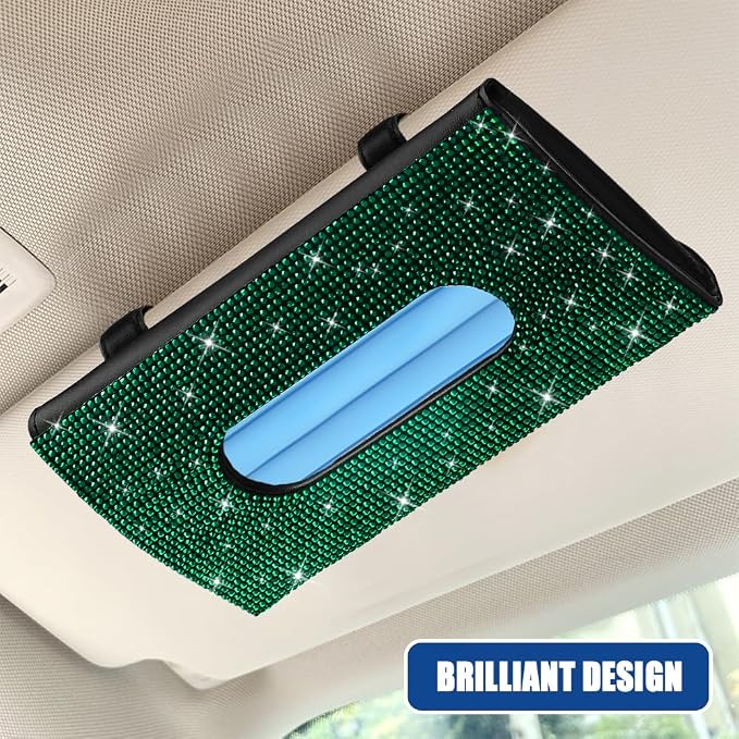 Bling Car Sun Visor Tissue Box Holder, Visor Accessories, Rhinestone PU Leather Crystal Sparkling Napkin Holder, Auto Sun Visor Paper Towel Cover Case Accessories for Most Cars (Green) - Image 5