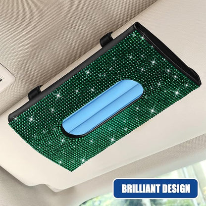 Bling Car Sun Visor Tissue Box Holder, Visor Accessories, Rhinestone PU Leather Crystal Sparkling Napkin Holder, Auto Sun Visor Paper Towel Cover Case Accessories for Most Cars (Green) - Image 5