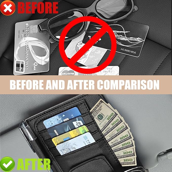 Augeny 2 PCS Car Sun Visor Organizer, Small Auto Visor Organizer and Storage, Registration and Document Holder for Sunglasses, Card, Pen, Driver License, Car Accessories (Black) - Image 5