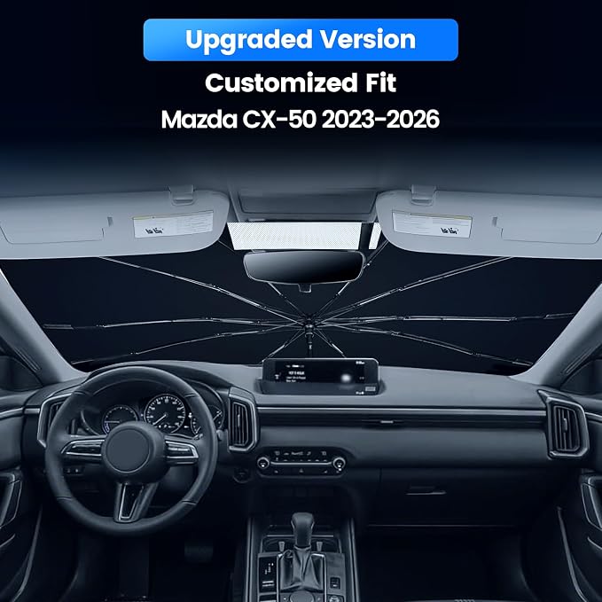 Windshield Sun Shade Umbrella for Mazda CX-50 2023-2026, Upgraded 360° Bendable Handle to Protect Dashboard Screen, Custom Fit Window Sunshade with Rearview Mirror Cutout, UV Ray Reflector - Image 2