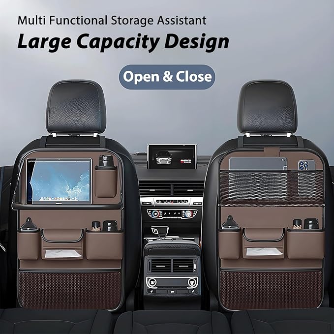 Universal Foldable Car Backseat Organizer with Table Tray, Car Seat Back Protector with Touch Screen Phone Holder, Premium Leather Kick Mats with Storage Pockets Tissue Holder (Brown) - Image 2