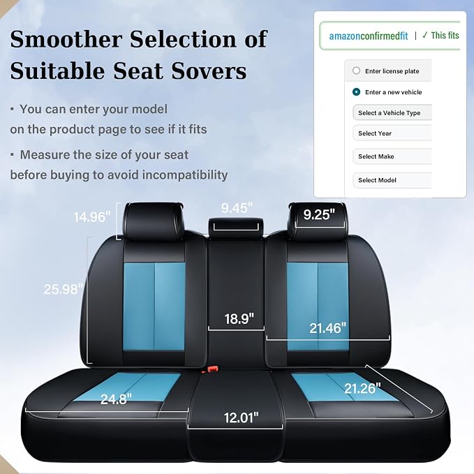 Coverado Back Leather Car Seat Covers for Trucks, Rear Seat Covers for Cars, Automotive Seat Covers Back Car Seat Cover, 3-Pieces Waterproof Nappa Leather Car Seat Cushion Protector, Black&Blue - Image 4