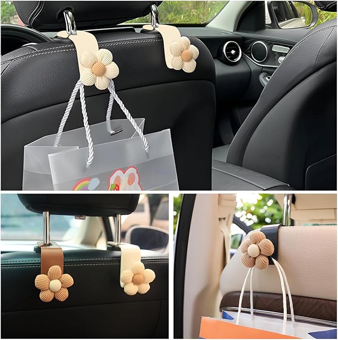 4 PCS Car Seat Headrest Hooks, Cute Flower Car Seat Back Organizer Bag Holder Hooks, Automotive Seat Hook Hanger Storage Organizer for Purse Cloth Grocery Bags, Car Accessories (White) - Image 6