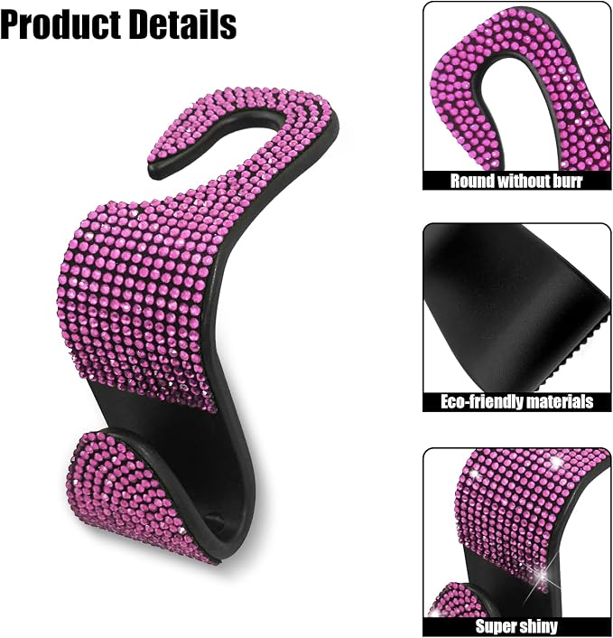 OSIFIT 2PCS Car Seat Hooks, Bling Car Rhinestone Headrest Hooks, Universal Bling Car Interior Accessories, for Handbag, Clothes, Purse, Water Bottle (Pink) - Image 3