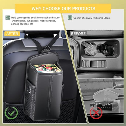 Tumecos Rectangle Car Tissue Box Holder,Car Storage Organizer for Front and Back Seat,Side Mount Hanging Bags with 2 Mesh Pockets,Waterproof Side Organizer,Napkin Cover - Image 2