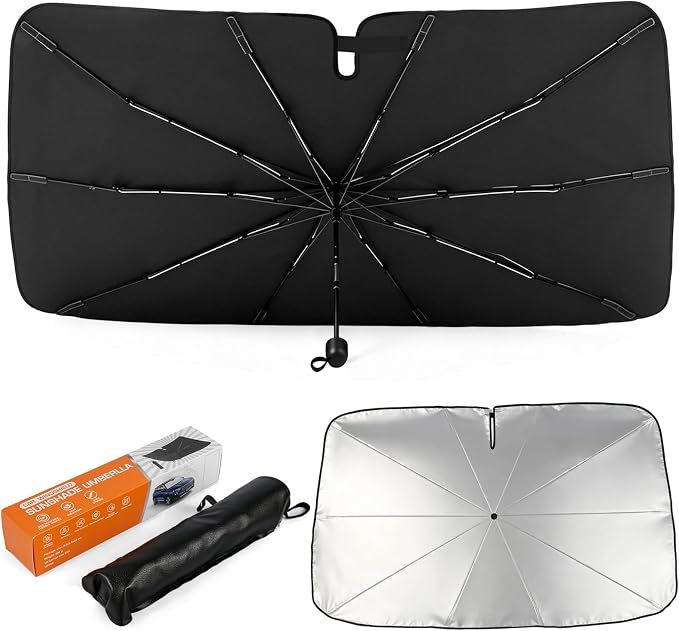 Foldable Car Windshield Sun Shade Umbrella with Rearview Mirror Notch, Titanium Silver UV Blocker for Heat Reduction, Bendable Handle & Anti-Scratch Tips, Fits Sedan SUV (Large 57"x33") - Image 8