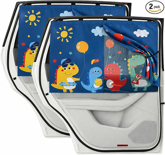 Car Window Shade for Baby, 2 Pack Magnetic Double Layer Sun Shade with Cute Dinosaur Design, Adjustable Privacy Blackout/See-Through Window Curtains, UV Protection, Fits Most Cars SUV Minivan by Unknown