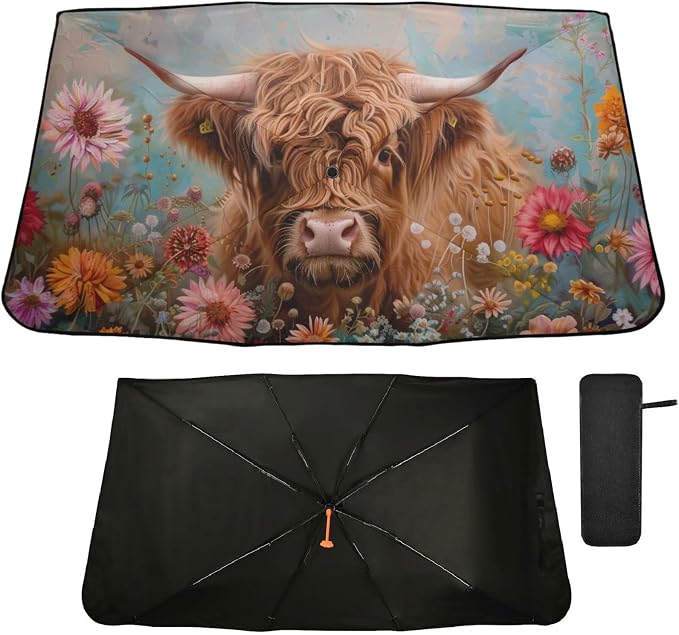 Windshield Sun Shade Umbrella Highland Cows Florals Foldable Car Front Window Sunshade Blocks UV Rays Heat Keep Vehicle Cool 55"x27.5" by Oarencol