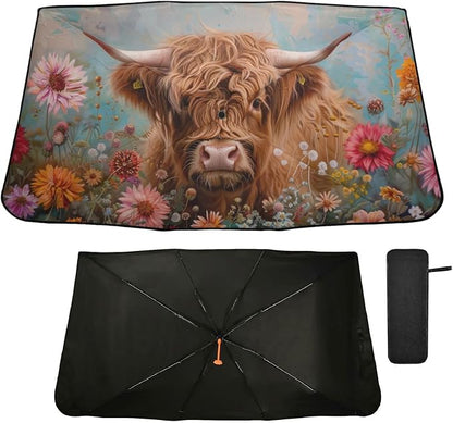 Windshield Sun Shade Umbrella Highland Cows Florals Foldable Car Front Window Sunshade Blocks UV Rays Heat Keep Vehicle Cool 55"x27.5" by Oarencol