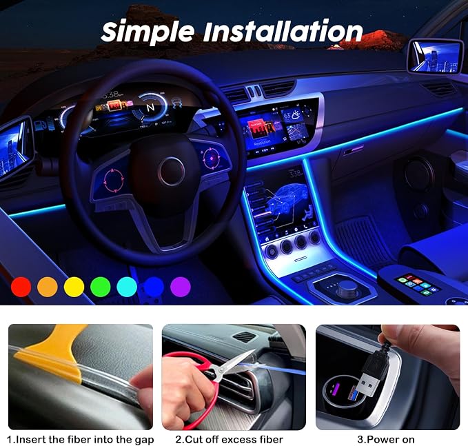 USB Car LED Lights, Interior Car Lights Strip with APP and RF Remote Control, 5 in 1 Ambient Lighting with 276 inches Fiber Optic Music Sync Simple Installation EL Wire Lights (5 in 1/276 inches) - Image 5