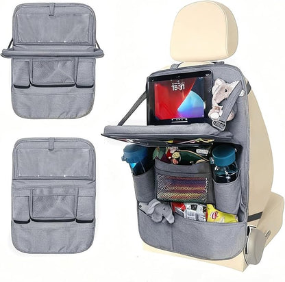Backseat Car Organizer with Tray, 9 Storage Pockets Back Seat Protector with Foldable Tablet Holder, Waterproof Back of Seat Kick Mats for Kids Adult, Travel Accessories, Gray by HaoxiangAuto