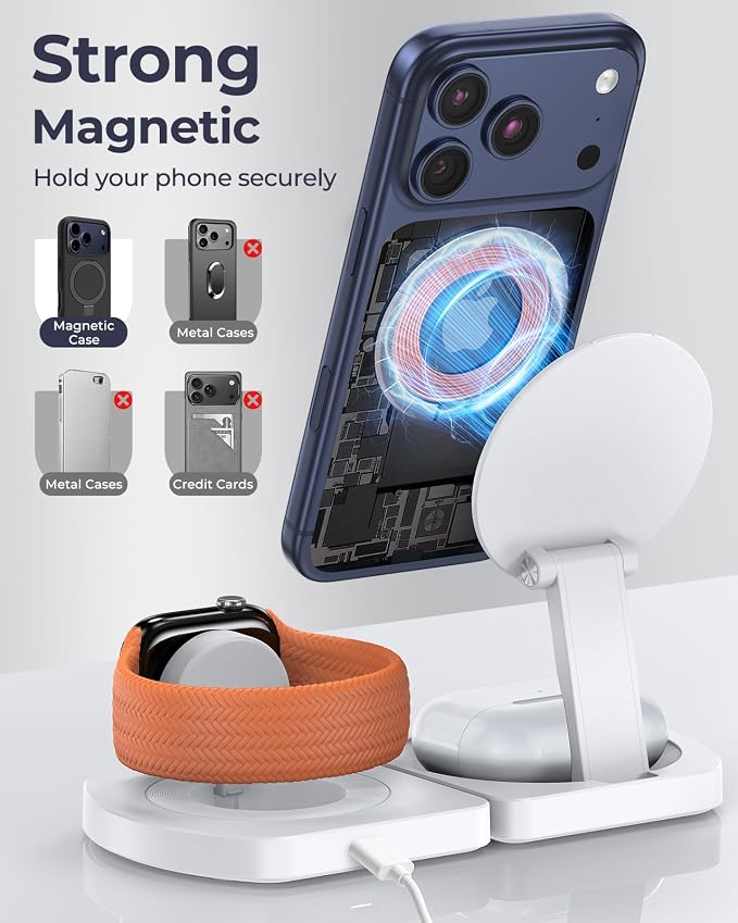 Wireless Charger for IPhone, 3-in-1 Magnetic Charging Station for Apple, MagSafe Charger Stand for IPhone 17 Air 16 15 14 13 12 Series, Airpods Pro, Apple Watch Ultra, Foldable, No Adapter, White | Compatible with iPhone 17 Air 16 15 14 13 12 Series, A... - Image 3