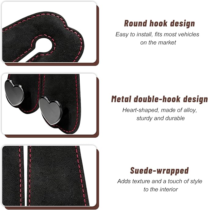 2 PCS Car Seat Headrest Hook, Cute Heart Shape Auto Seat Back Storage Hanger, Suede Double Headrest Purse Hooks Storage Organizer for Most Vehicles, Car Accessories (Black) - Image 3