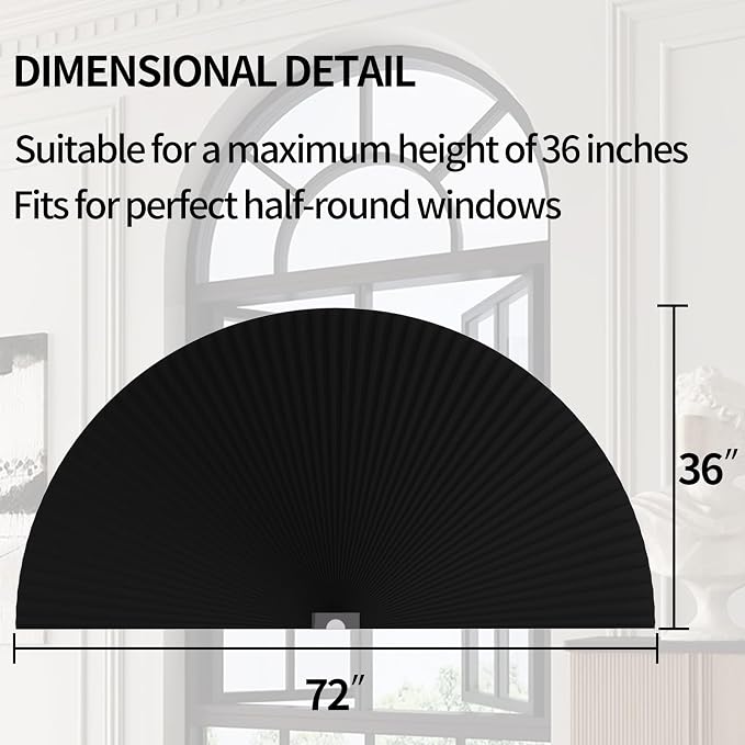 Myshade Arch Window Shades Half Circle Blackout Cellular Shades Cordless No Drill Blinds for Windows Half Moon Honeycomb Fabric No Tools Room Darkening Shades Easy Install (1PCS Black 72" W X 36" H) - Image 4