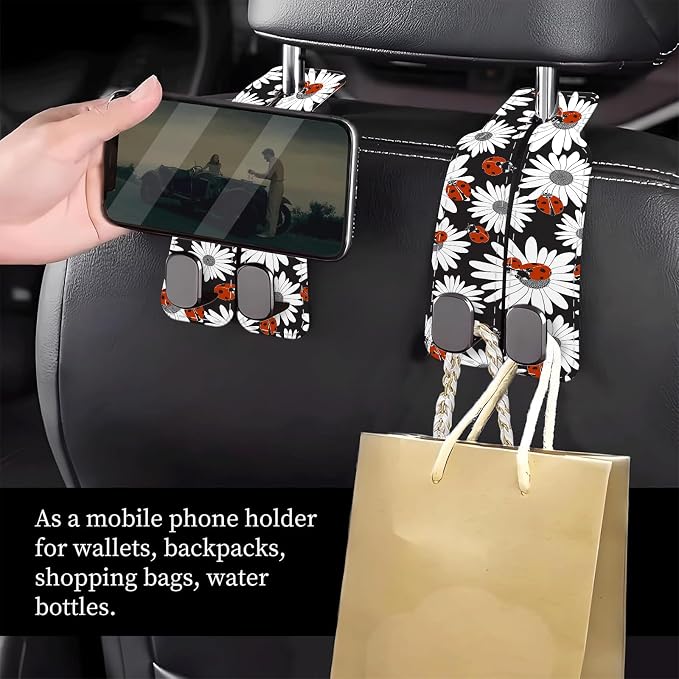 Car Seat Headrest Hook, Universal Leather Cute Hanger Holder Hook, Storage Organizer Interior Accessories for Purse Bags Handbag Cute Daisy Ladybird - Image 2