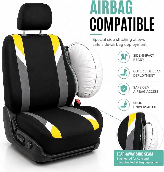 FH Group Front Set Cloth Car Seat Covers for Low Back Car Seats with Removable Headrest, Universal Fit, Airbag Compatible Car Seat Cover for SUV, Sedan, Van, Yellow - Image 4