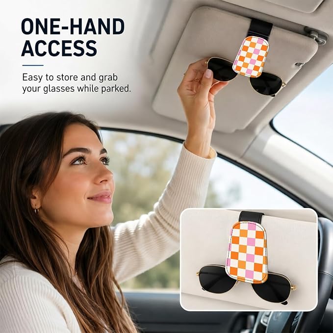 Leather Magnetic Sunglass Holder for Car Sun Visor, Cute Eyeglass Ticket Card Hanger Clip, Universal Auto Interior Accessories for SUV Pickup Truck, Orange Checkered - Image 2