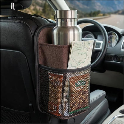2 in 1 Large Car Cup Holder, 80 oz Multi-Function Auto Water Bottle Storage Bag with Mesh Pocket, Universal Hanging Seat Side Organizer Cup Holders for Car SUV Truck (Brown) by Pxobiug