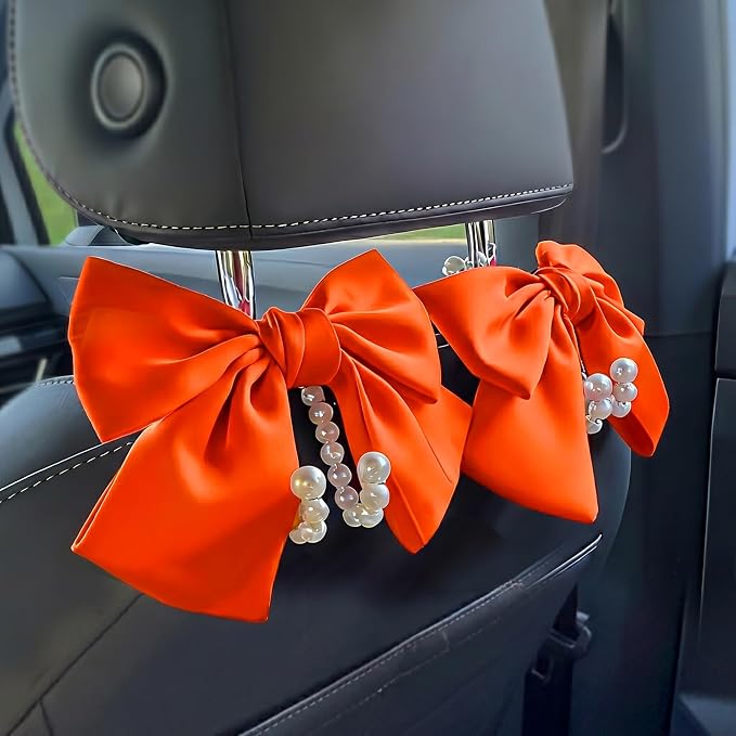 2 PCS Bow Pearl Car Seat Headrest Hook – Cute Purse Hook for Car, Girly Interior Decoration Accessories Hook Hanger, Seatback Holder for Purses & Bags, Elegant Car Organizer (Orange) by Unknown