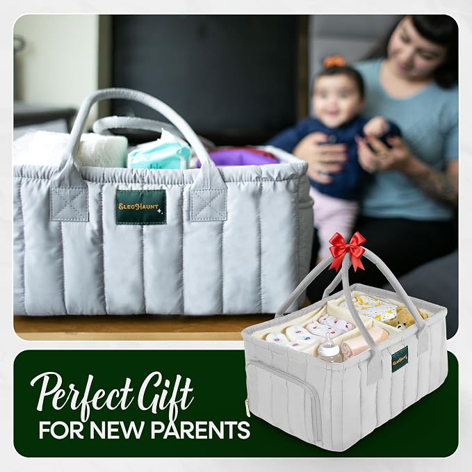 Large Diaper Caddy Organizer with Handle – Baby Basket for Nursery, Car, and Changing Table – Portable Baby Storage with Compartments – Perfect for New Parents and Baby Shower Gifts (Gray) - Image 8
