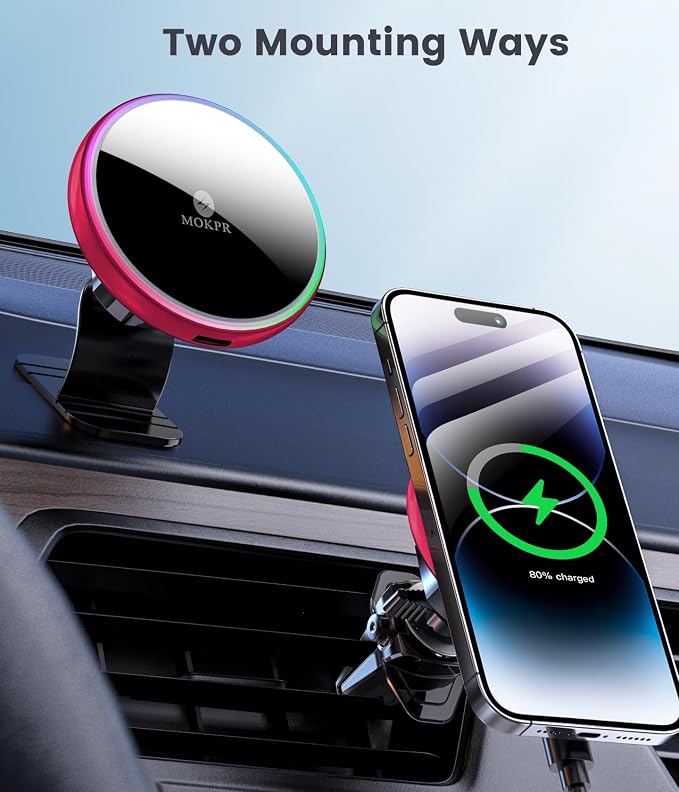 for Magsafe Car Mount Charger 15W LED RGB Car Phone Holder for Dash Vent | HandsFree Magnetic Wireless Car Charger Car Mount Fast Car Charger for iPhone 17 16 15/14/13/12 Series Red - Image 2