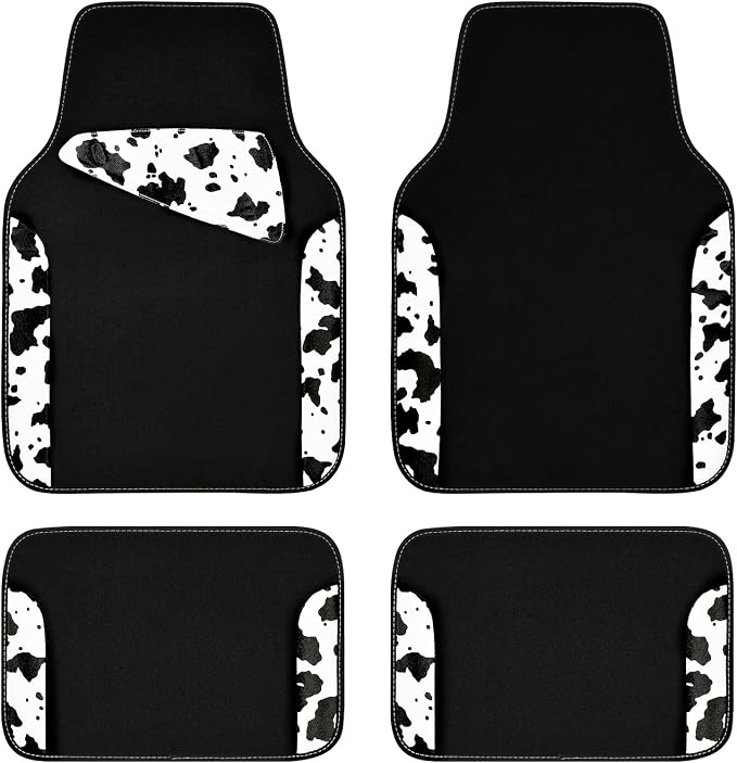 CAR PASS Waterproof Universal Fit Car Floor Mats, Cow Print Car Mats Fit for SUV,Vans,sedans, Trucks,Set of 4pcs Car Carpet with Driver Heel Pad and Nibs Backing,or Cute Women Girly Funny Black White by CARPASS