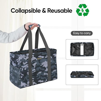 BALEINE Extra Large Utility Tote Bag with Reinforced Wire Frame, Reusable Grocery Bag for Shopping, Picnic (Grey Camouflage, 16.5''x14''x10'') - Image 5