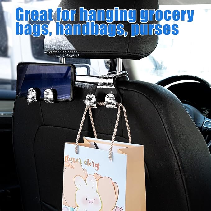 Bling Car Purse Hooks 2Pcs, Rhinestones Car Headrest Hook Backseat | Double Hooks,Holds 44Lbs,Wide Opening,Durable Nylon,Car Seat Hook,Purse Holder,Bling Car Accessories for Women,White - Image 5