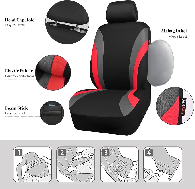 CAR PASS Line Rider Sporty Front Seat Covers,Red Car Seat Covers Two Front Seats Only, Airbag Compatible,Universal Fit Sedans,Cars,Vans,SUV,Truck(Black and Red) - Image 3