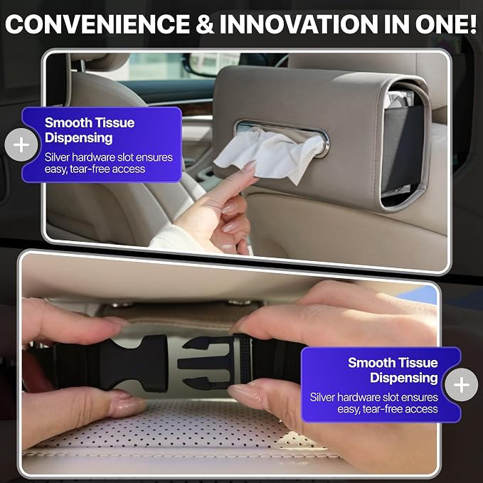 Lucrum Extra Large Car Tissue Holder - PU Leather Tissue Box Cover | Fits Regular Size Napkins Box - PU Leather Car Tissue Holder for Seat Back, Sun Visor & Console - Pearl Grey - Image 5
