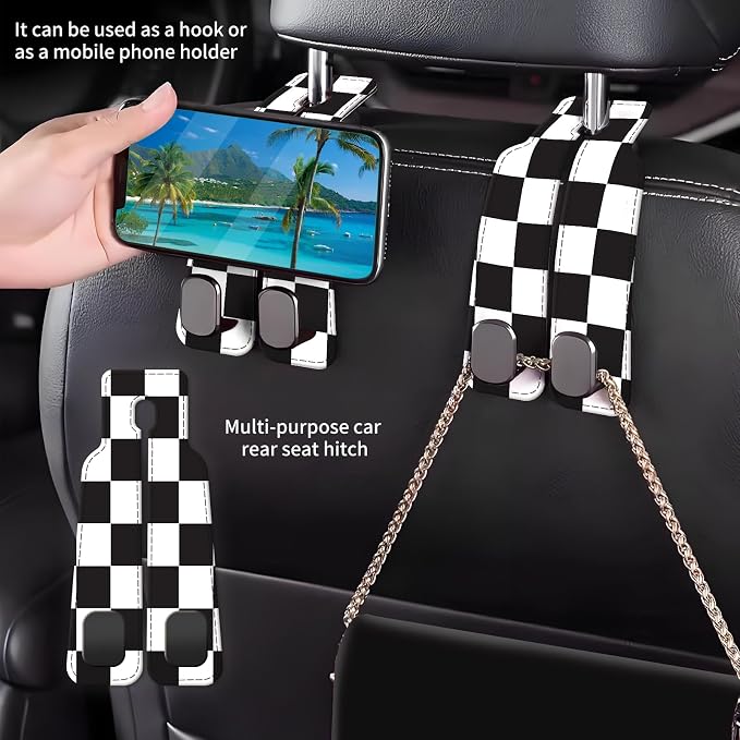 Car Seat Back Storage Headrest Hook, Premium Leather Double Metal Hook, Hanger Storage Organizer for Purse Cloth Bag, Car Interior Accessories Black White Plaid - Image 2