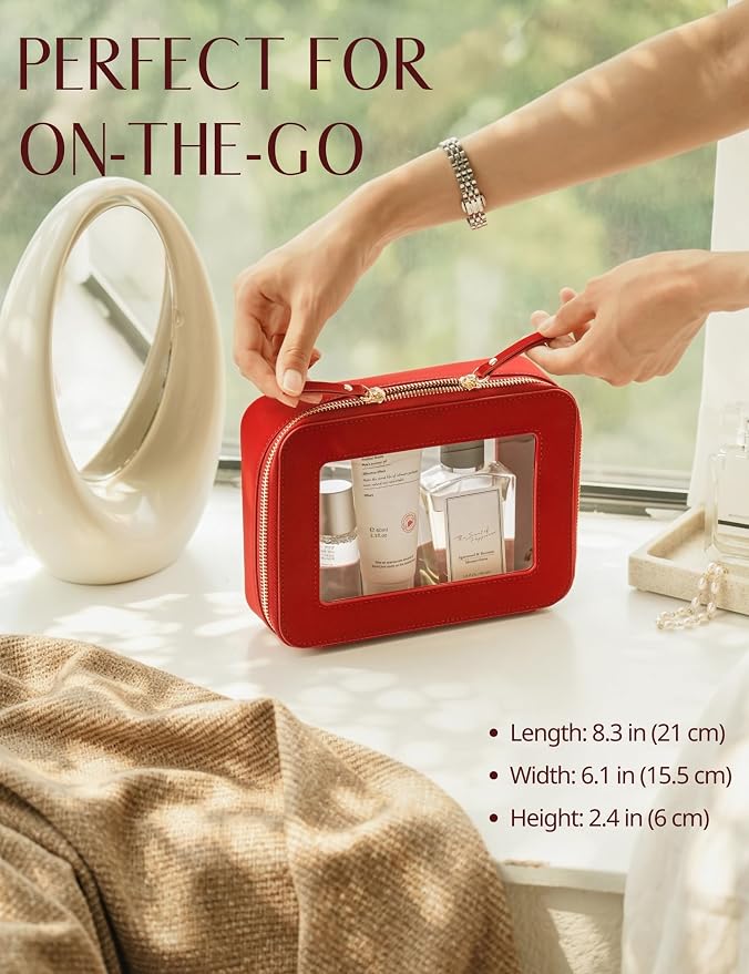 Clear Makeup Bag with Zipper, Set of 2, Mini and Medium, Red | Clear Travel Bags for Toiletries, Structured Cosmetic Case for Women, Waterproof PU Leather, Wide Open Portable Car Organier - Image 5