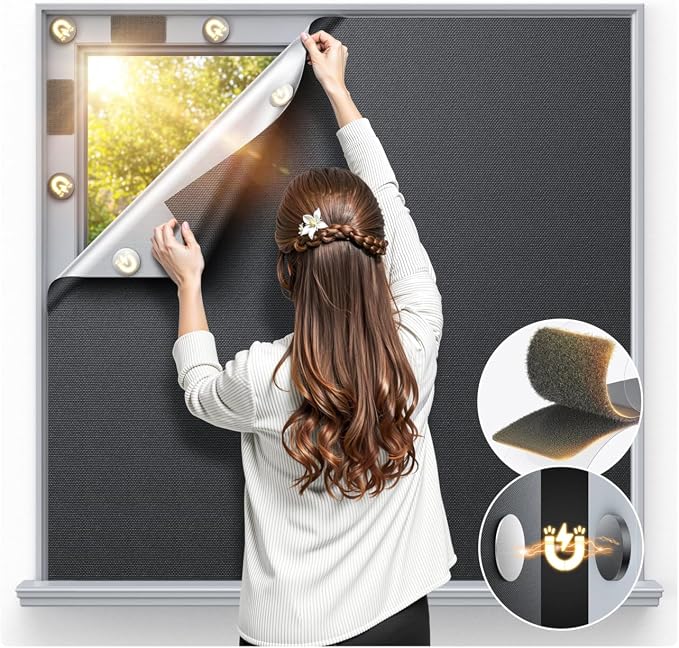 Magnetic Blackout Window Cover Portable 100% Blackout Curtains for Bedroom | 40" x 58" Blackout Blinds no Drill Temporary Blackout Shades Window Film for Media Room Travel Skylight RV- Black by Unknown