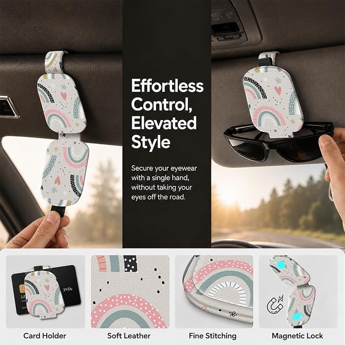 Sunglasses Holder for Car Visor, PU Leather Glasses Clip Organizer, Cute Magnetic Eyeglass Holder for Vehicle Sun Visor, Car Interior Accessory for Women & Men, Rainbow Arch - Image 5