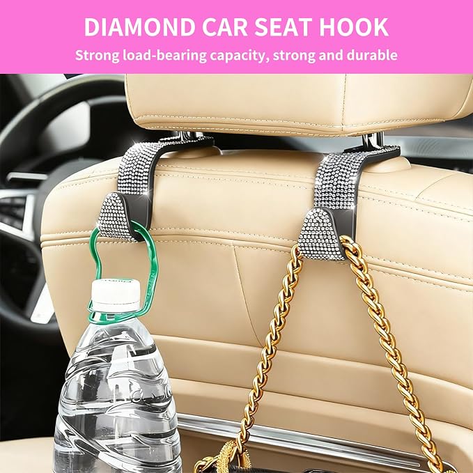 4PCS Bling Car Seat Headrest Hooks, Vehicle Back Seat Purse Handbag Hanging Holder with Crystal Rhinestone, Diamond Storage Organizer Hook,Bling Car Accessories for Women (Colorful) - Image 6